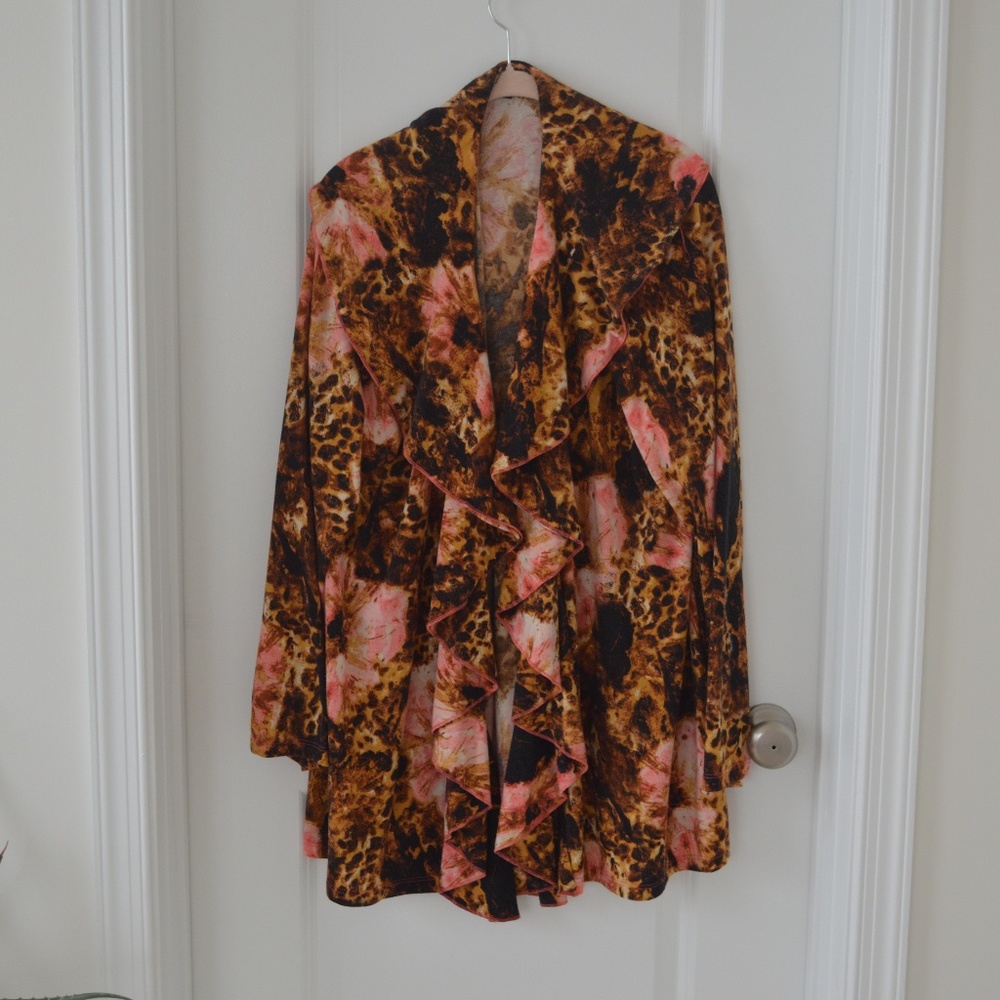 EUC Tan Black Pink Pattern Ruffle Drape Cardigan